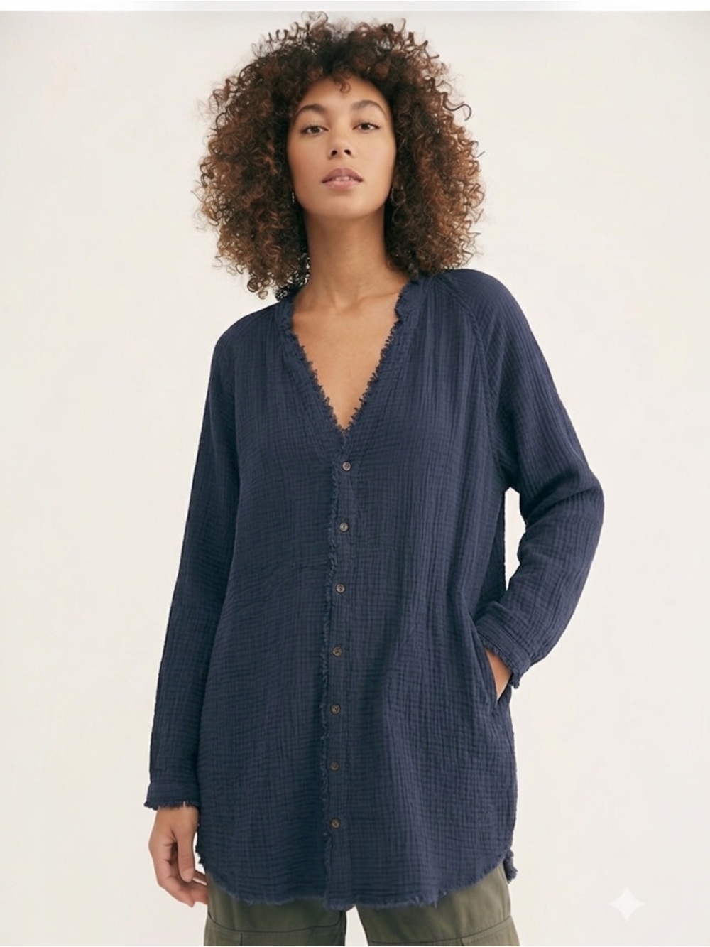 Igenjun Summer Daydream Gauze Button Down Top Cover-Up w/Pockets Navy XL